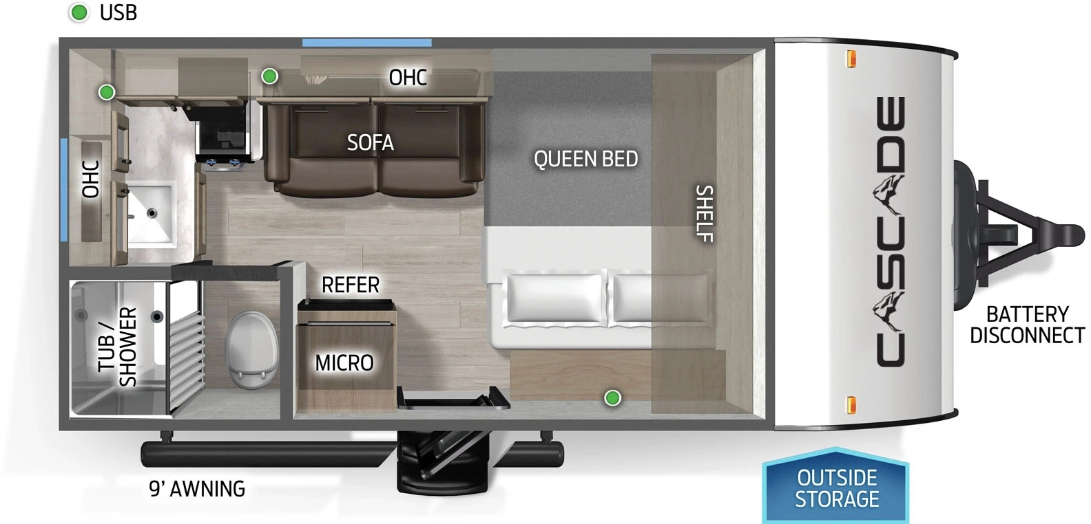 The Cascade 14RKLPC floorplan has one entry and zero slide outs. Exterior features include: metal exterior and 9' awning. Interiors features include: front bedroom.